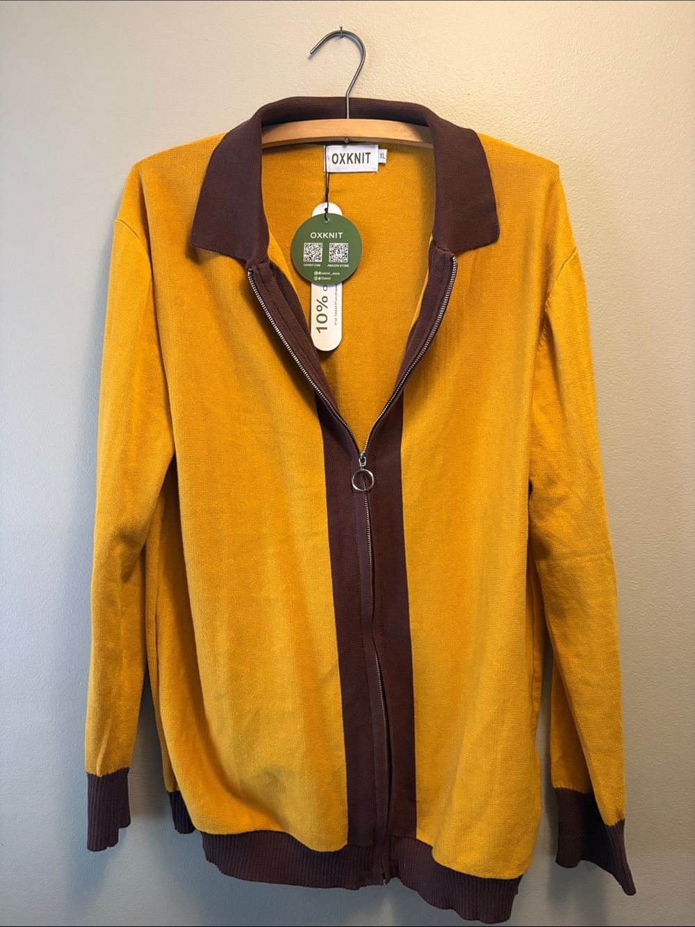 OXKNIT Women's Mustard Bomber Jacket with Brown Trim